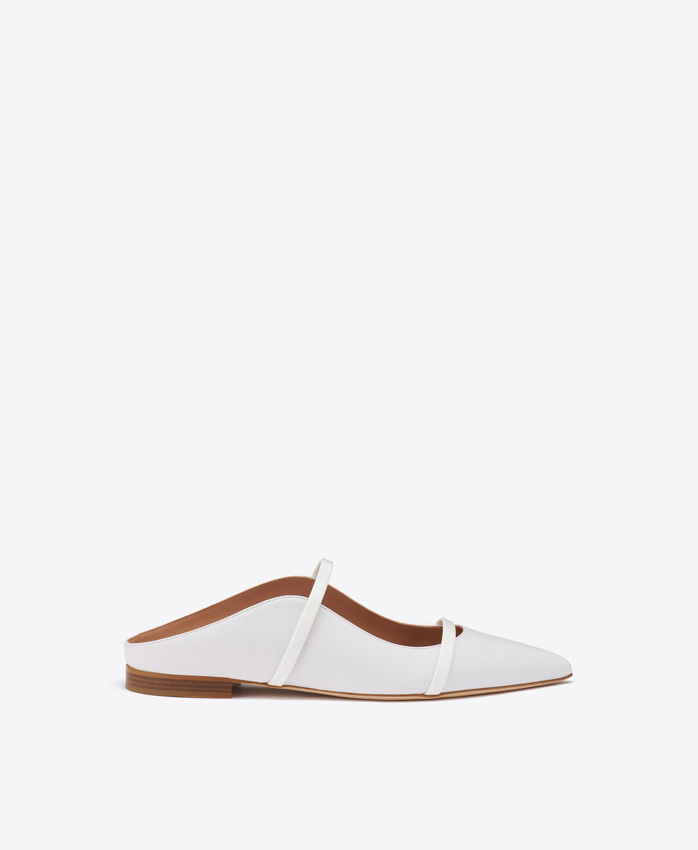 Maureen White Leather Flat Mules with Patent Leather Straps Malone Souliers