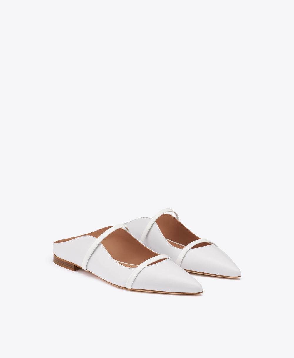Maureen White Leather Flat Mules with Patent Leather Straps Malone Souliers