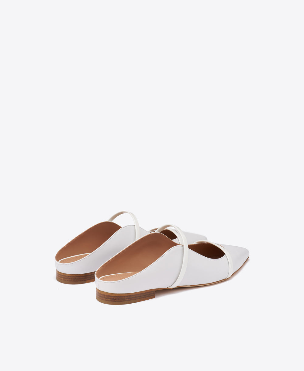 Maureen White Leather Flat Mules with Patent Leather Straps Malone Souliers