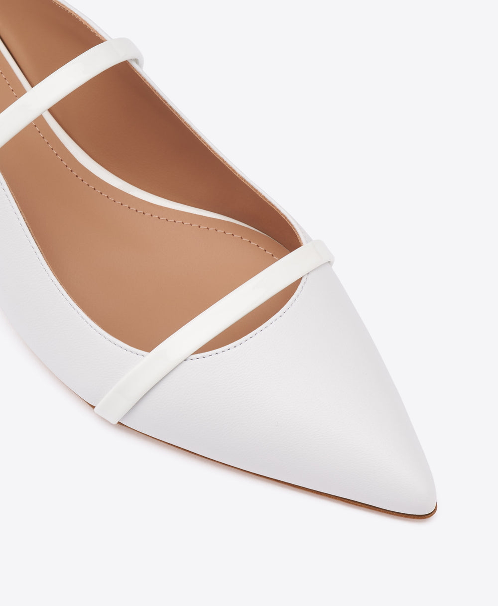 Maureen White Leather Flat Mules with Patent Leather Straps Malone Souliers