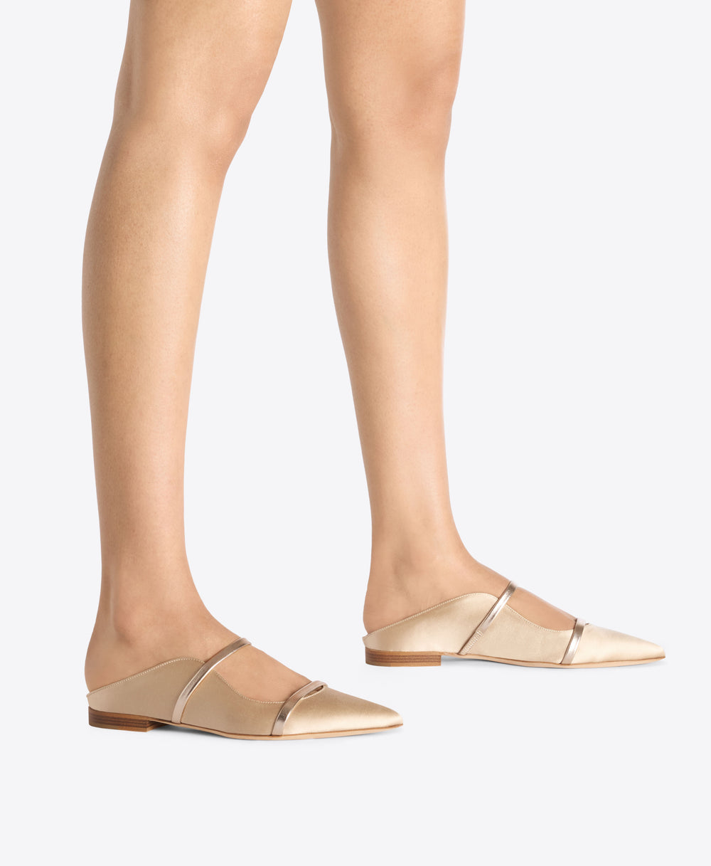 Maureen Buff & Champagne Satin Flat Mules Malone Souliers