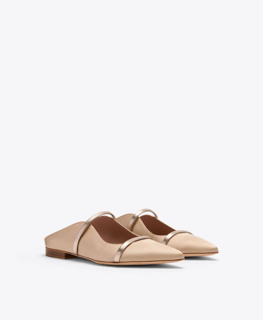 Maureen Buff & Champagne Satin Flat Mules Malone Souliers