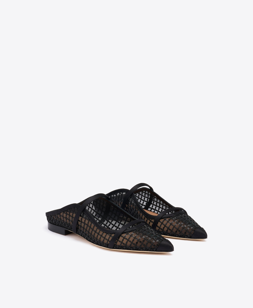 Maureen Black Sequin Mesh Flat Mules Malone Souliers