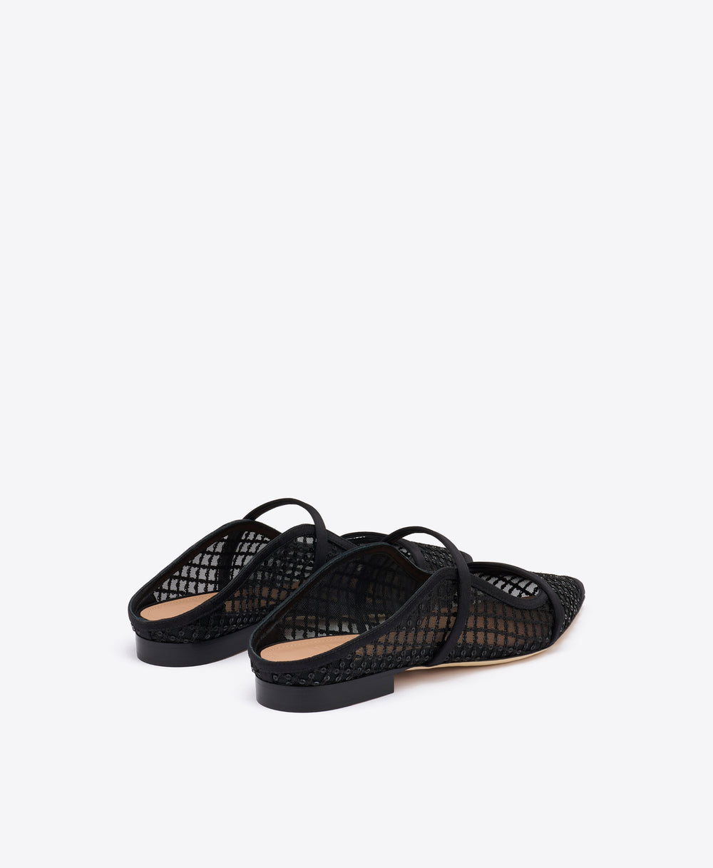 Maureen Black Sequin Mesh Flat Mules Malone Souliers