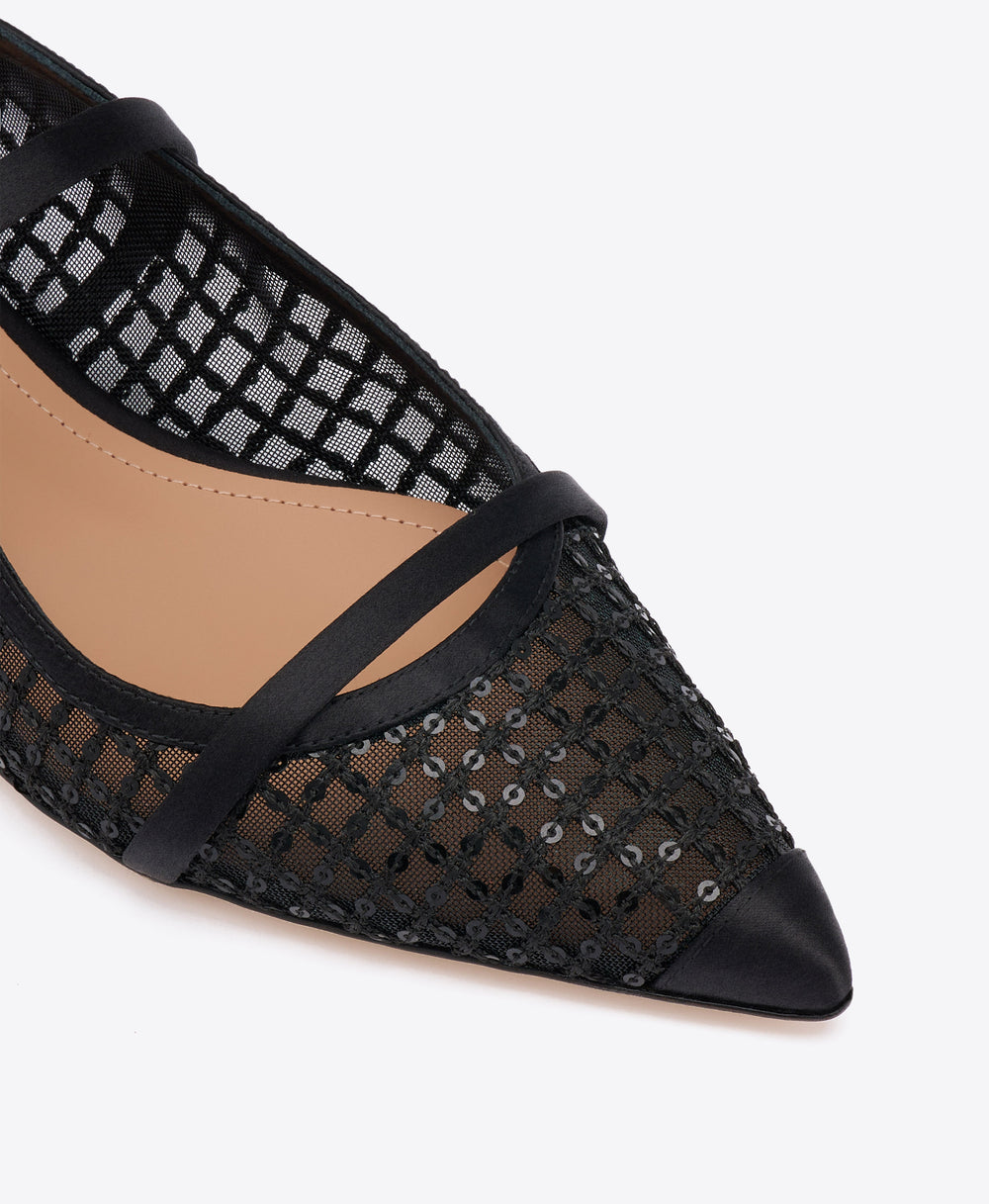 Maureen Black Sequin Mesh Flat Mules Malone Souliers