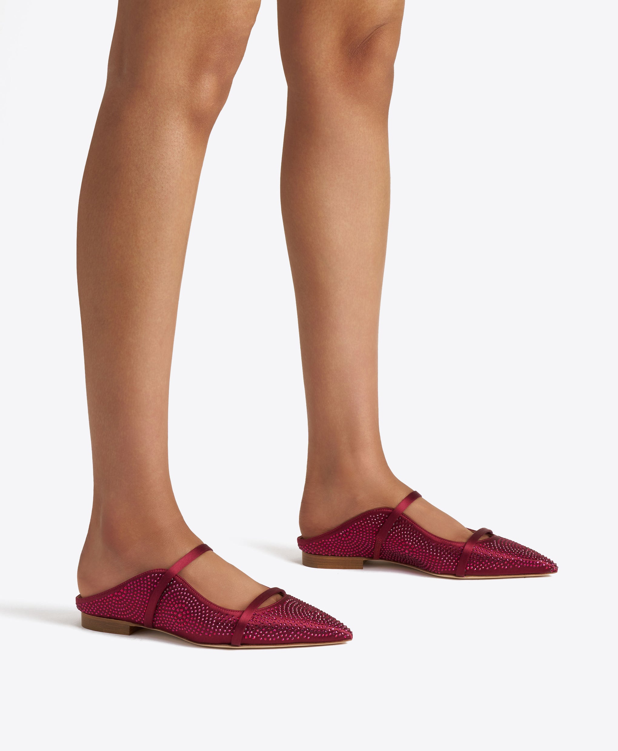 Maureen Burgundy Satin Flat Mules with crystal embellishments Malone Souliers