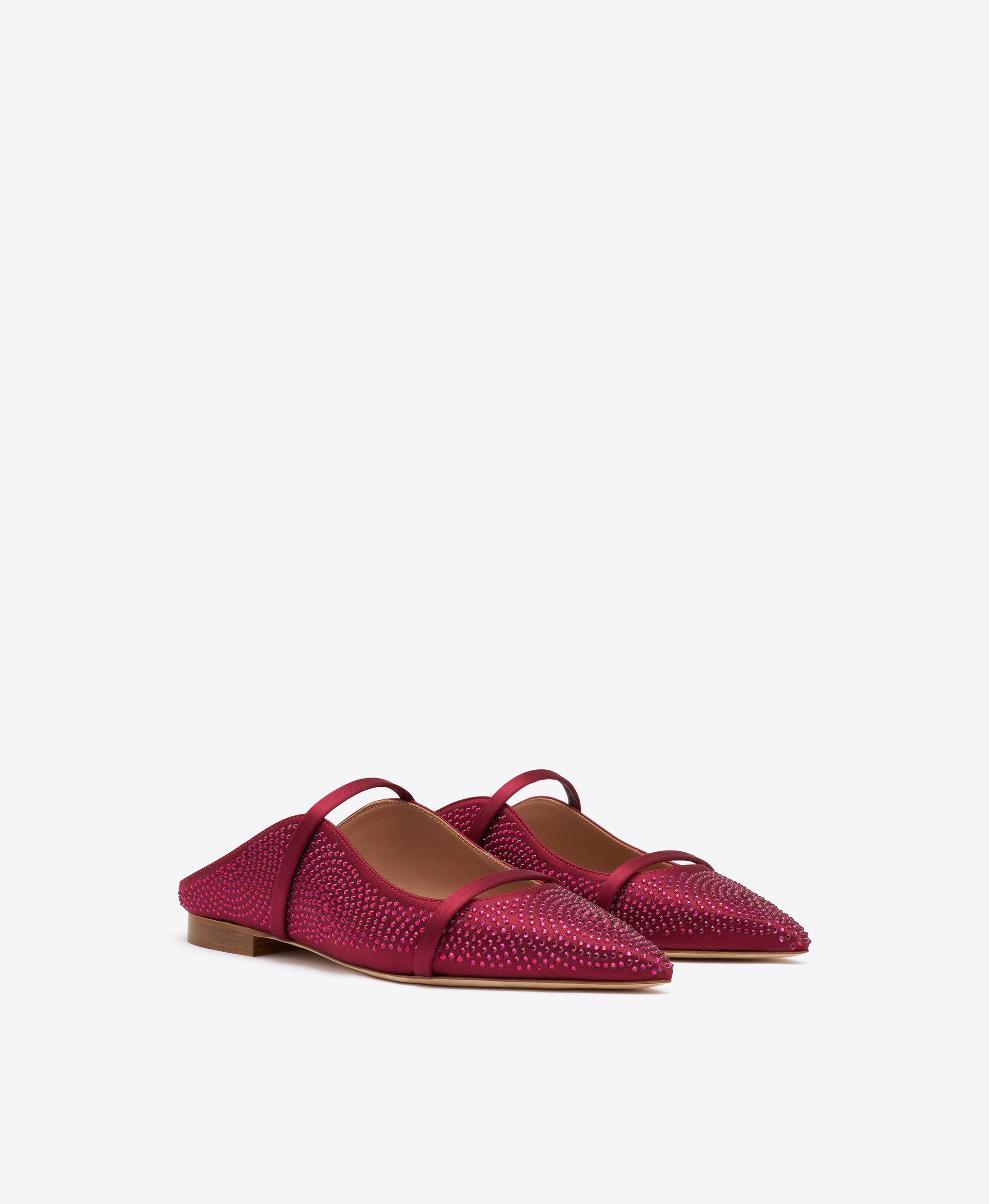 Maureen Burgundy Satin Flat Mules with crystal embellishments Malone Souliers