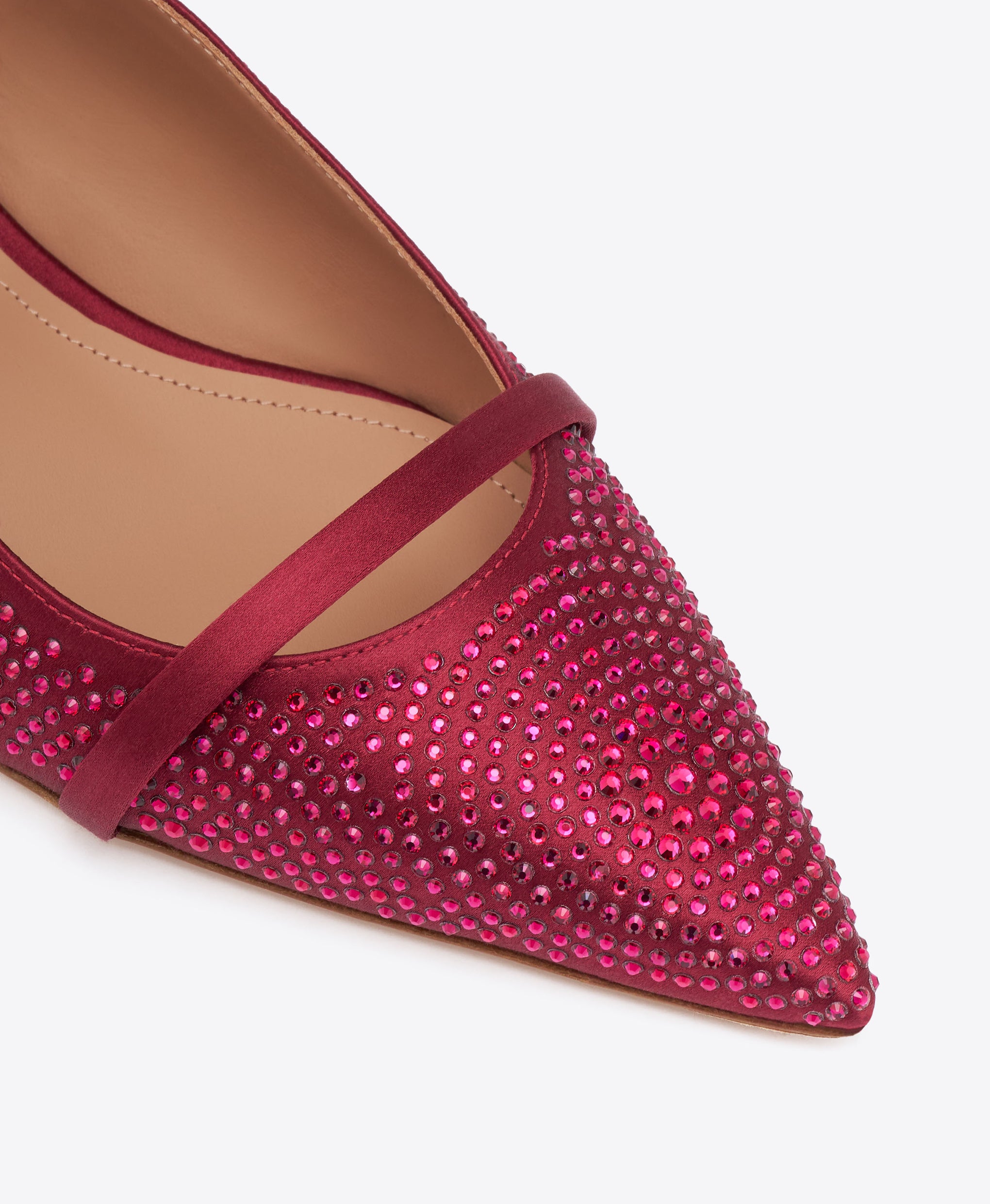 Maureen Burgundy Satin Flat Mules with crystal embellishments Malone Souliers