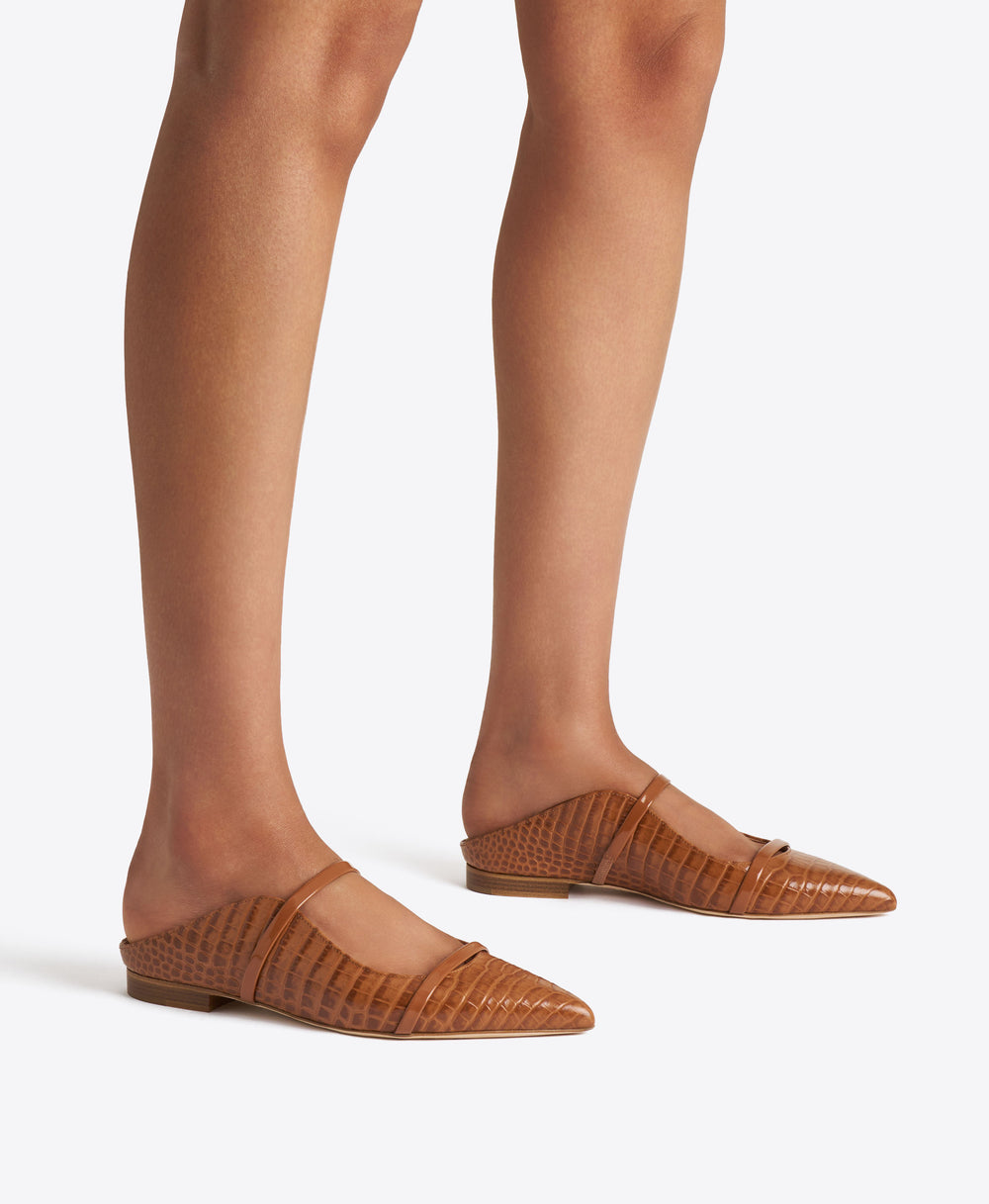 Maureen Caramel Brown Croc-Embossed Leather Flat Mules Malone Souliers