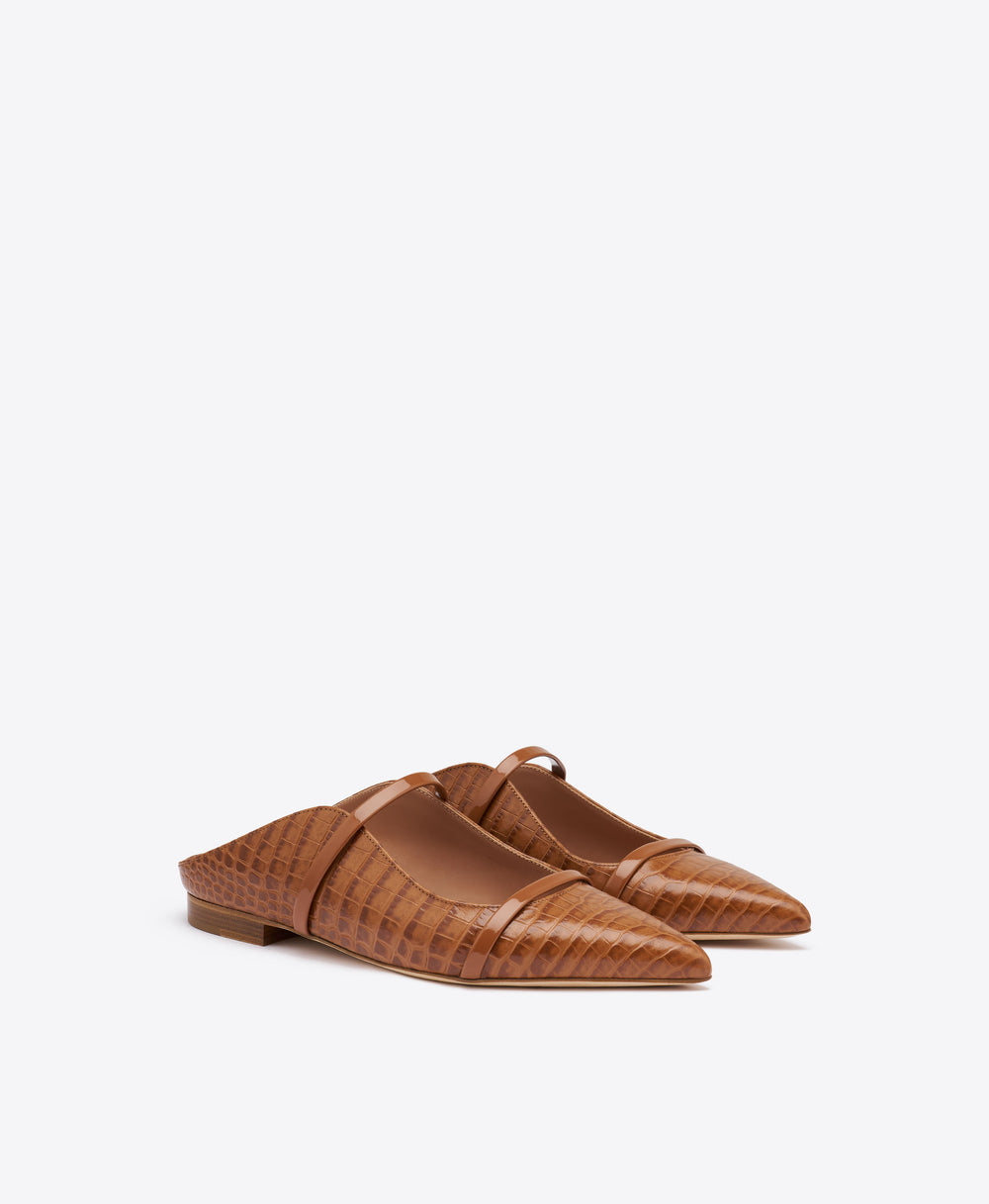 Maureen Caramel Brown Croc-Embossed Leather Flat Mules Malone Souliers