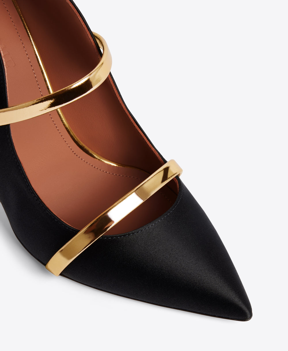 Maureen 100mm Black & Gold Satin Stiletto Heels | Malone Souliers Maureen 100mm Black & Gold Satin Stiletto Heels | Malone Souliers