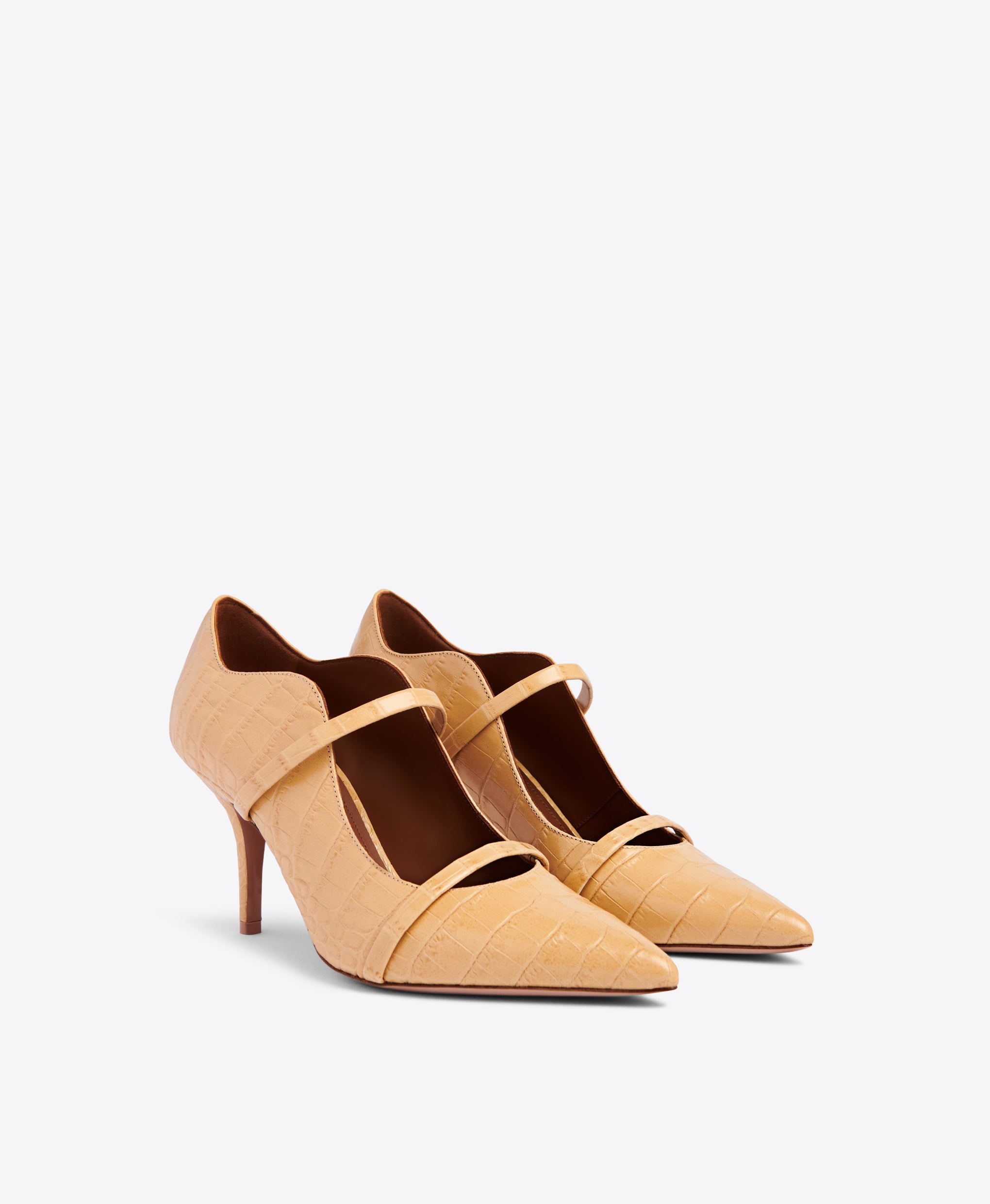 Double Strap Beige Pointed Toe Stiletto Pumps - Embossed Leather | Malone Souliers