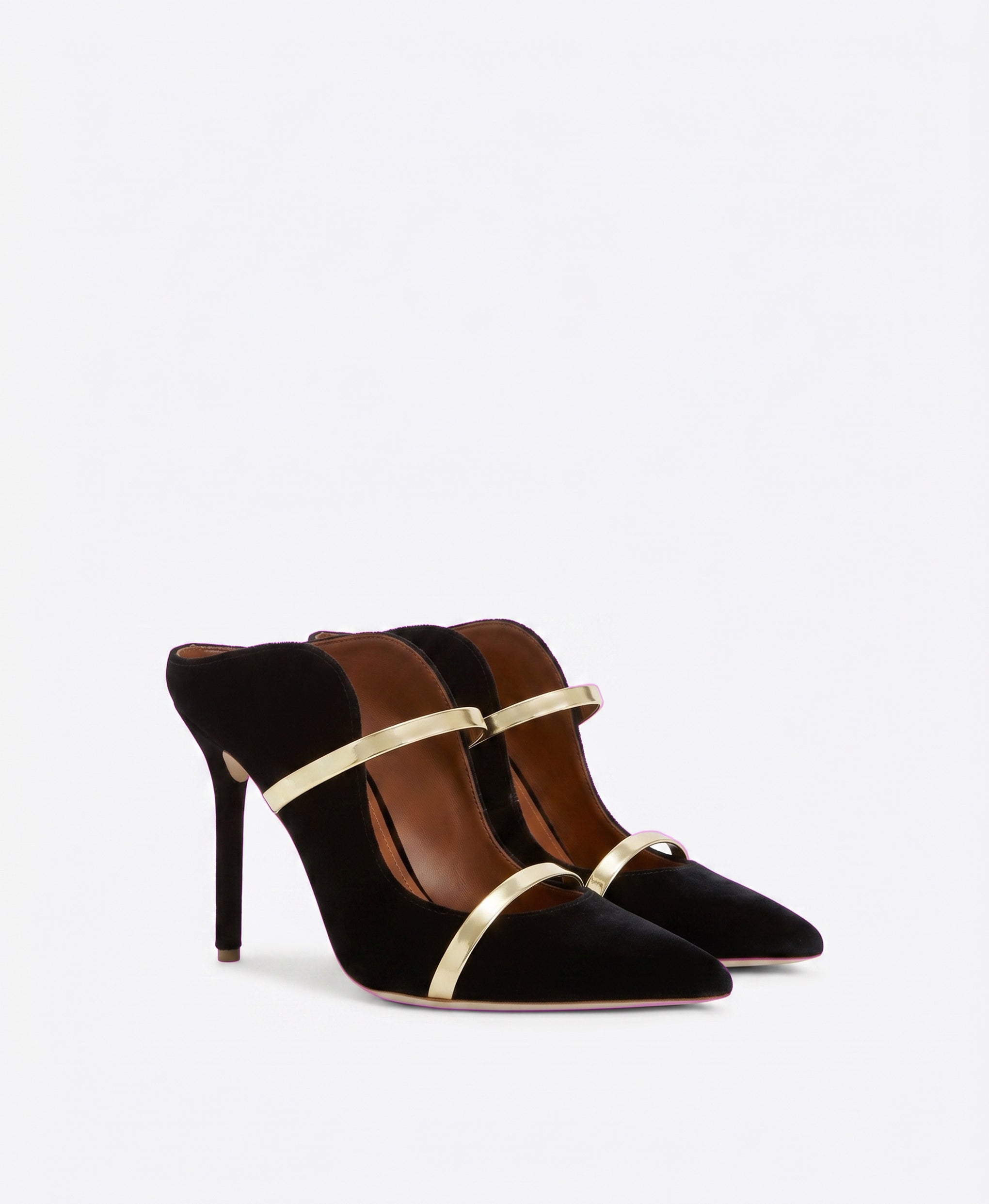 Women's Black Velvet & Gold Leather Designer Pointed Toe Mules Malone Souliers