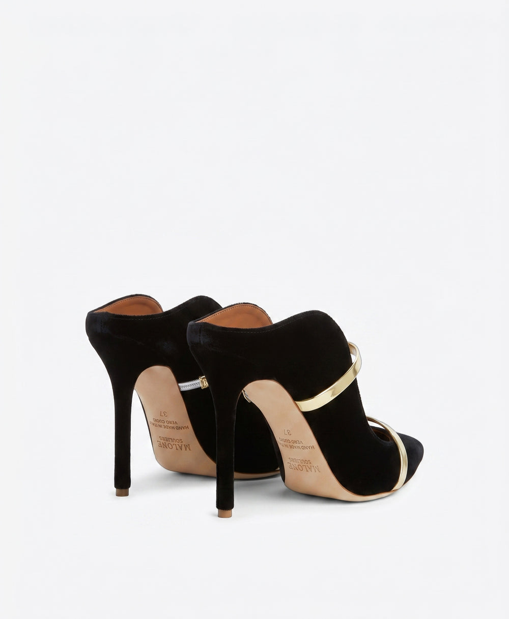 Women's Black Velvet & Gold Leather Designer Pointed Toe Mules Malone Souliers