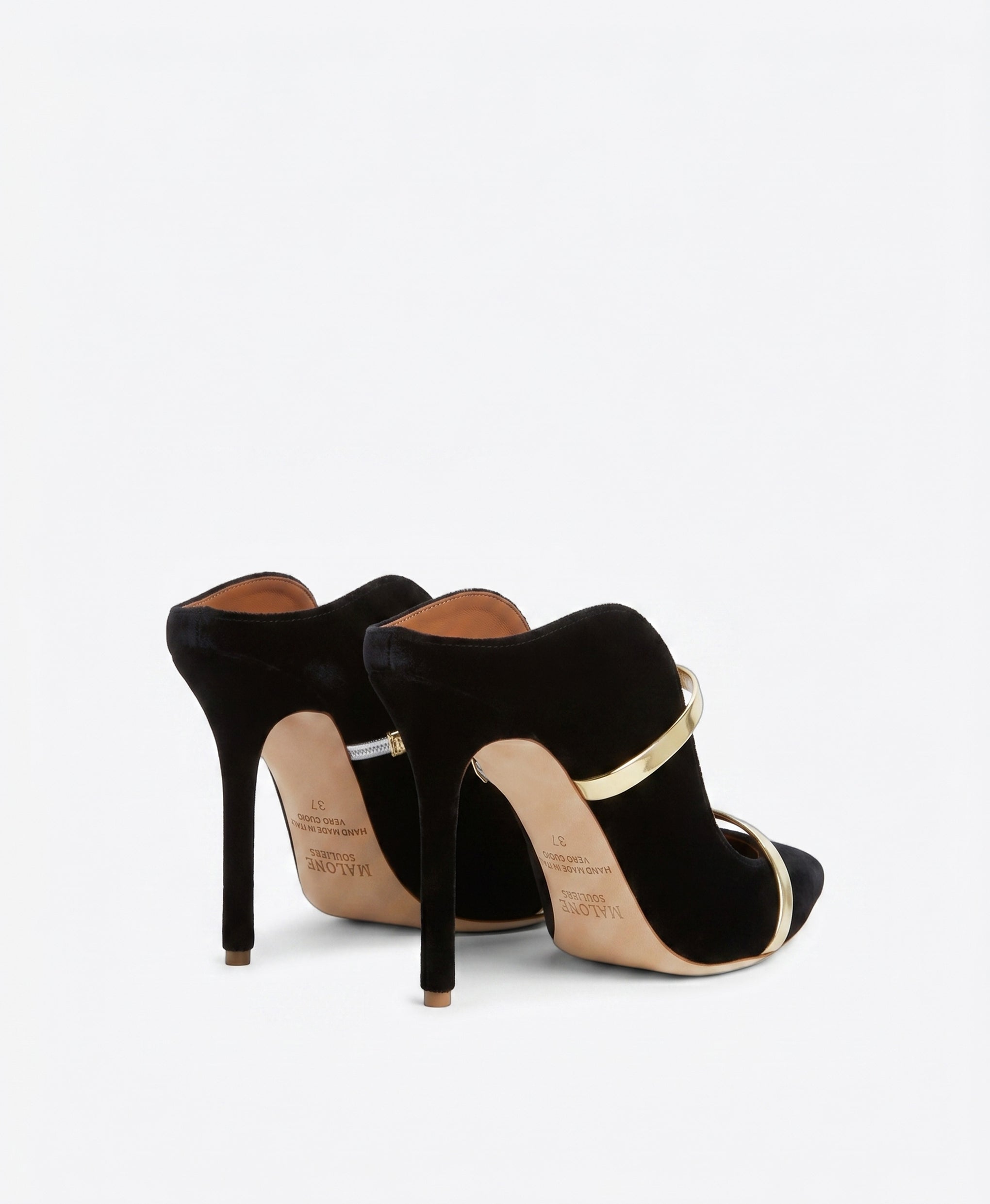 Women's Black Velvet & Gold Leather Designer Pointed Toe Mules Malone Souliers