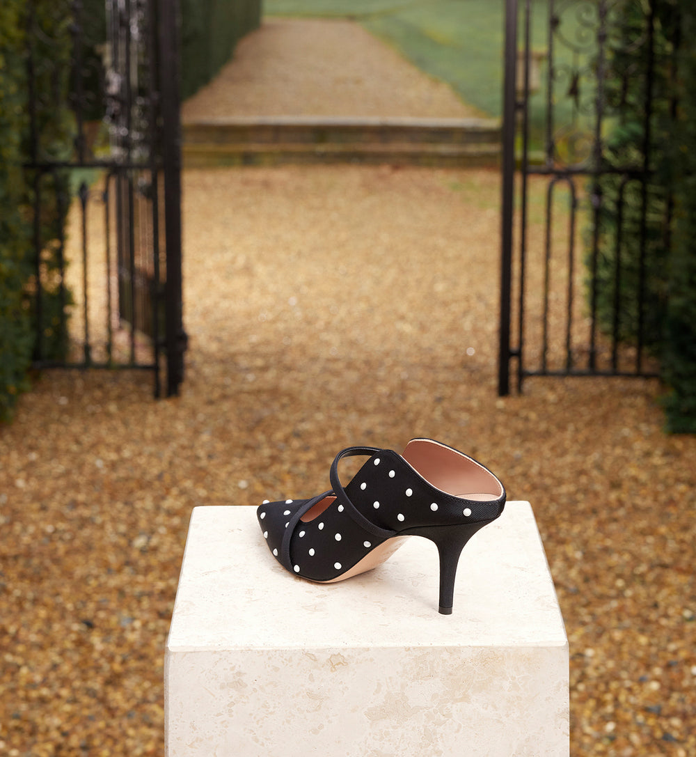 Women's luxury 70mm Pearl Embellished Black Grosgrain Heeled Mules Malone Souliers