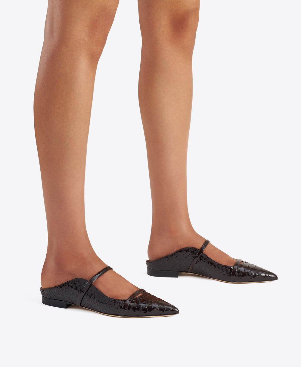 Maureen Dark Brown Embossed Leather Flat Mules