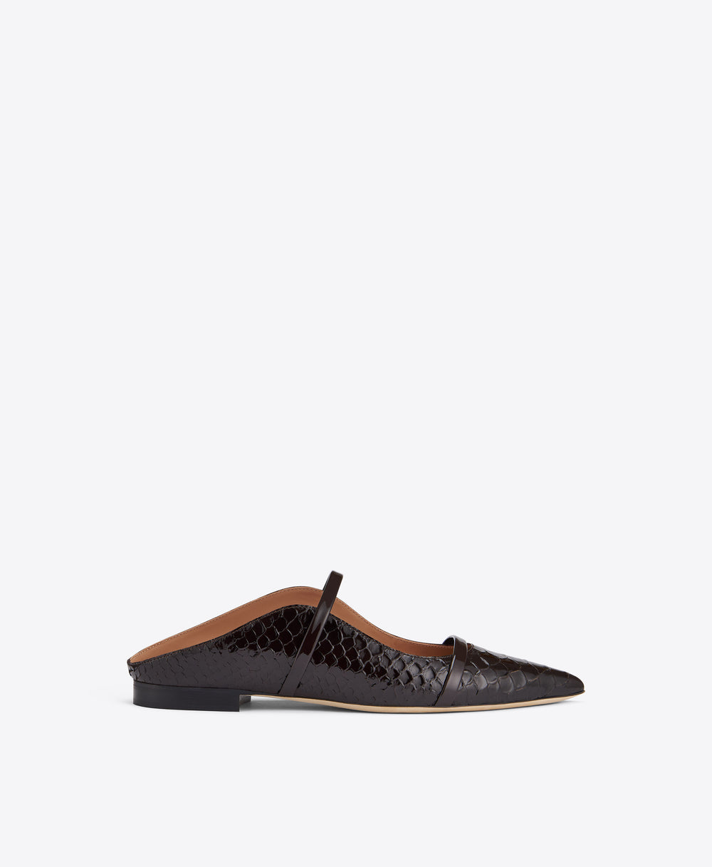 Maureen Dark Brown Embossed Leather Flat Mules