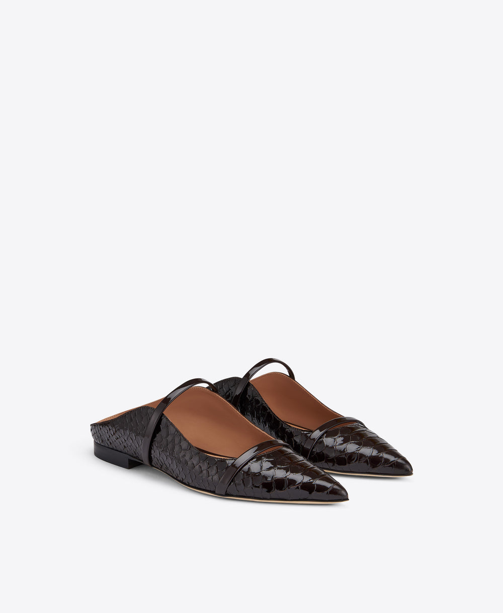 Maureen Dark Brown Embossed Leather Flat Mules