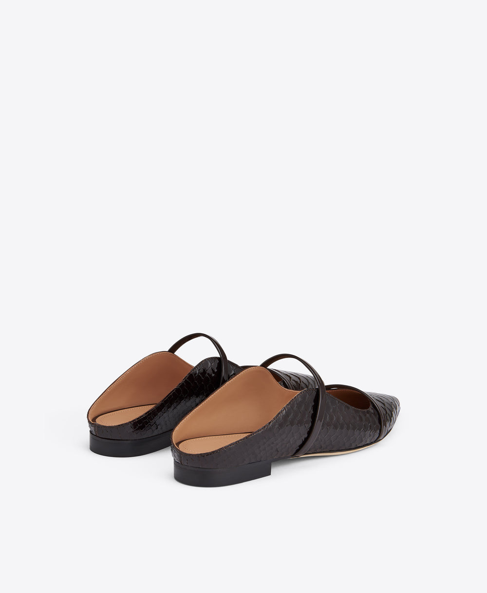 Maureen Dark Brown Embossed Leather Flat Mules