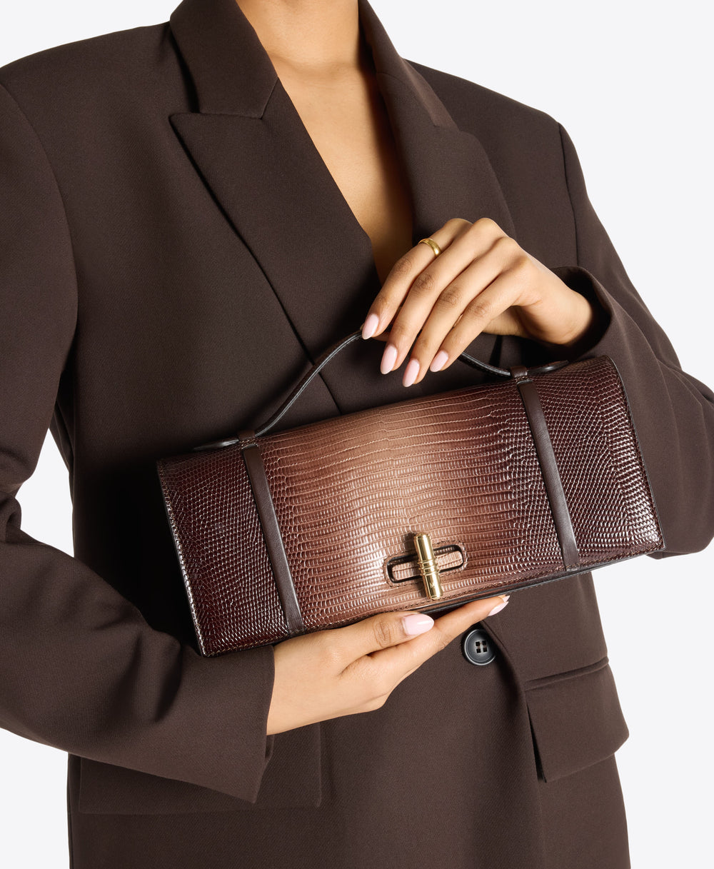 May Clutch in Taupe Gradient Embossed Leather Malone Souliers