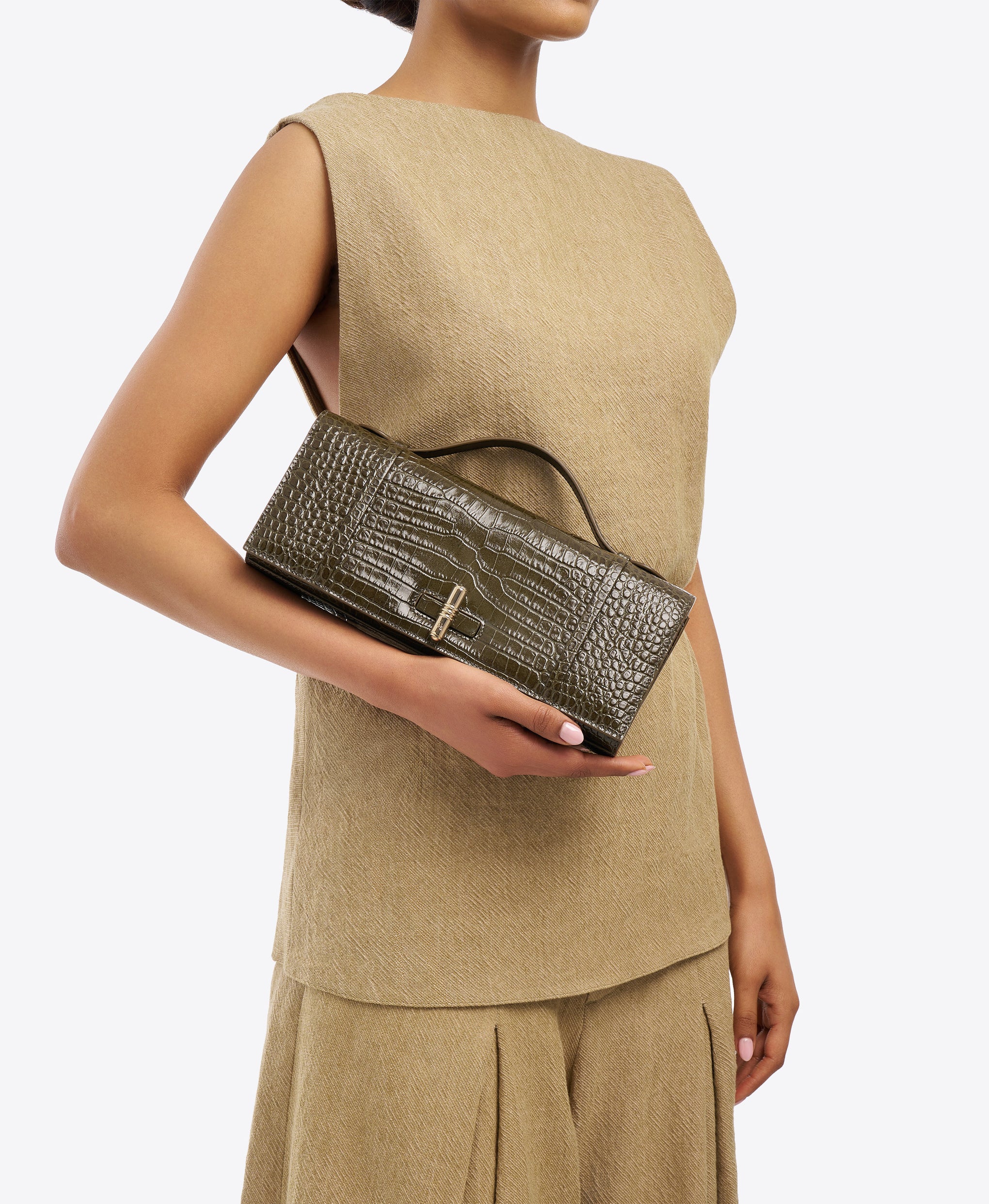 May Green Croc-Embossed Leather Clutch Bag Malone Souliers