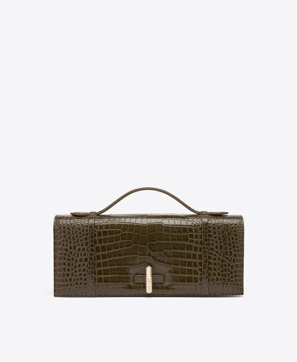 May Green Croc-Embossed Leather Clutch Bag Malone Souliers