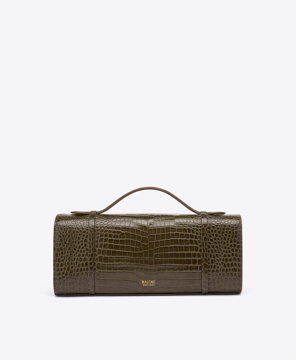 May Green Croc-Embossed Leather Clutch Bag Malone Souliers