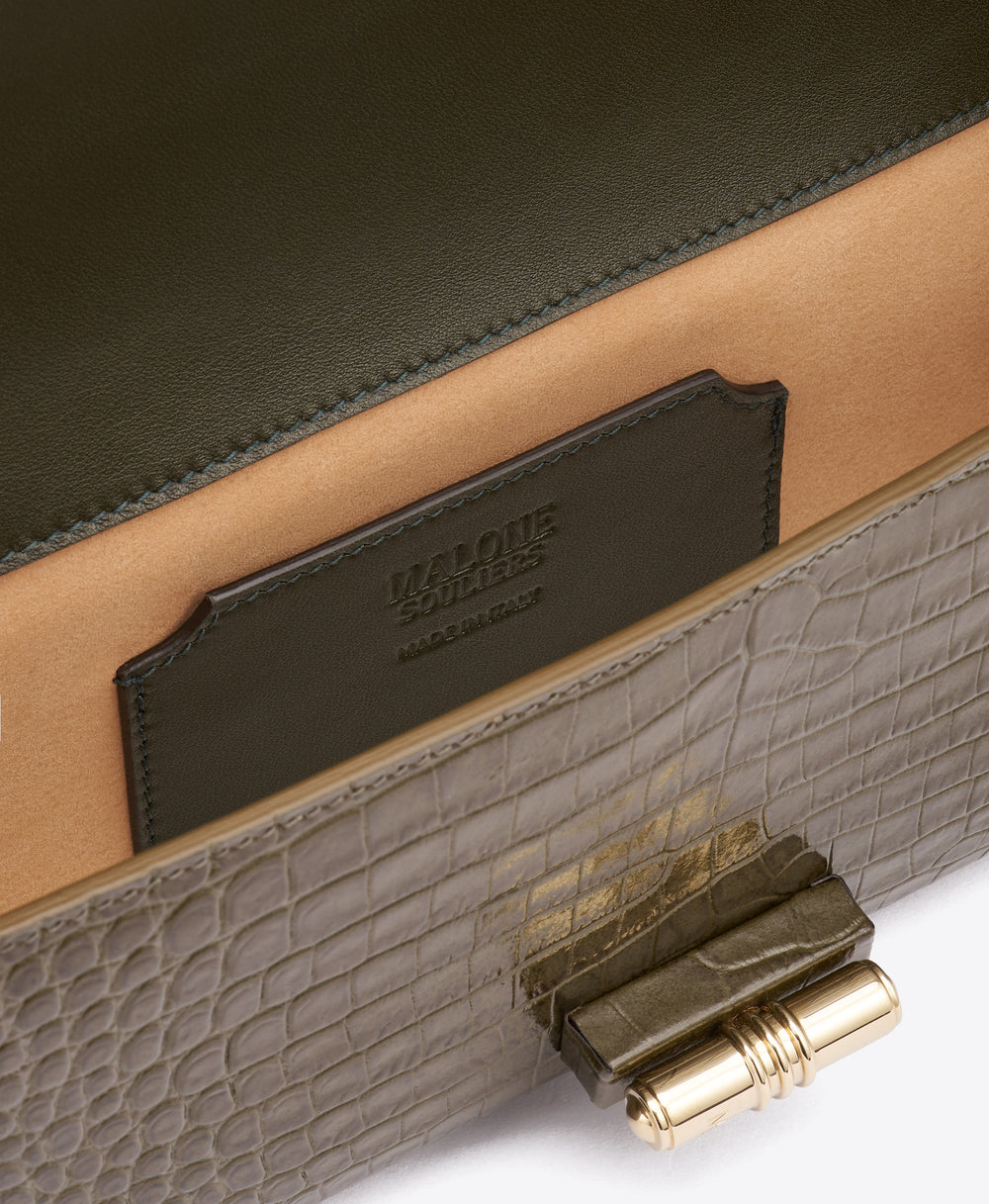 May Green Croc-Embossed Leather Clutch Bag Malone Souliers