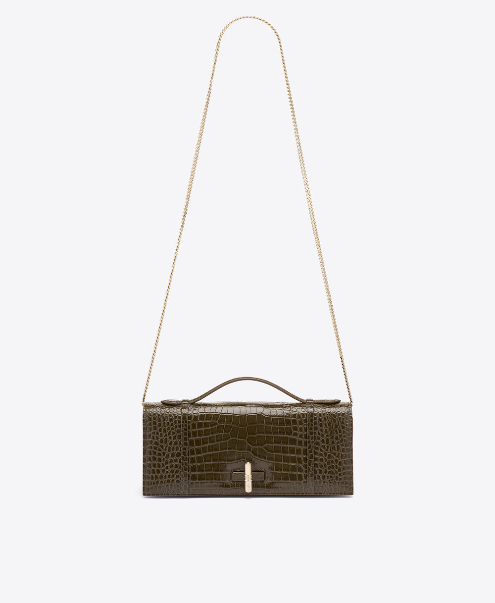 May Green Croc-Embossed Leather Clutch Bag Malone Souliers