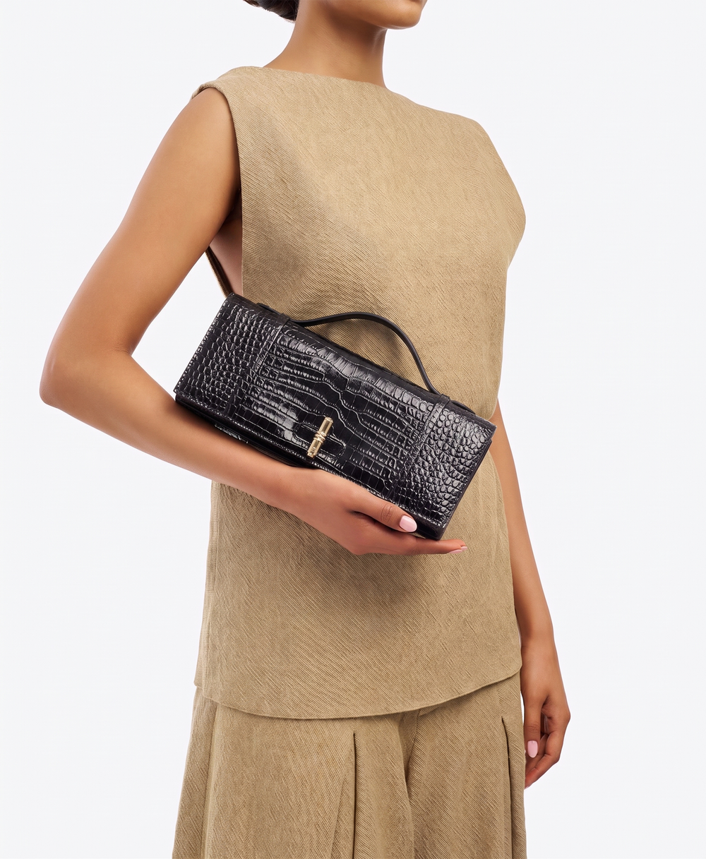 May Black Croc Embossed Leather Clutch Bag