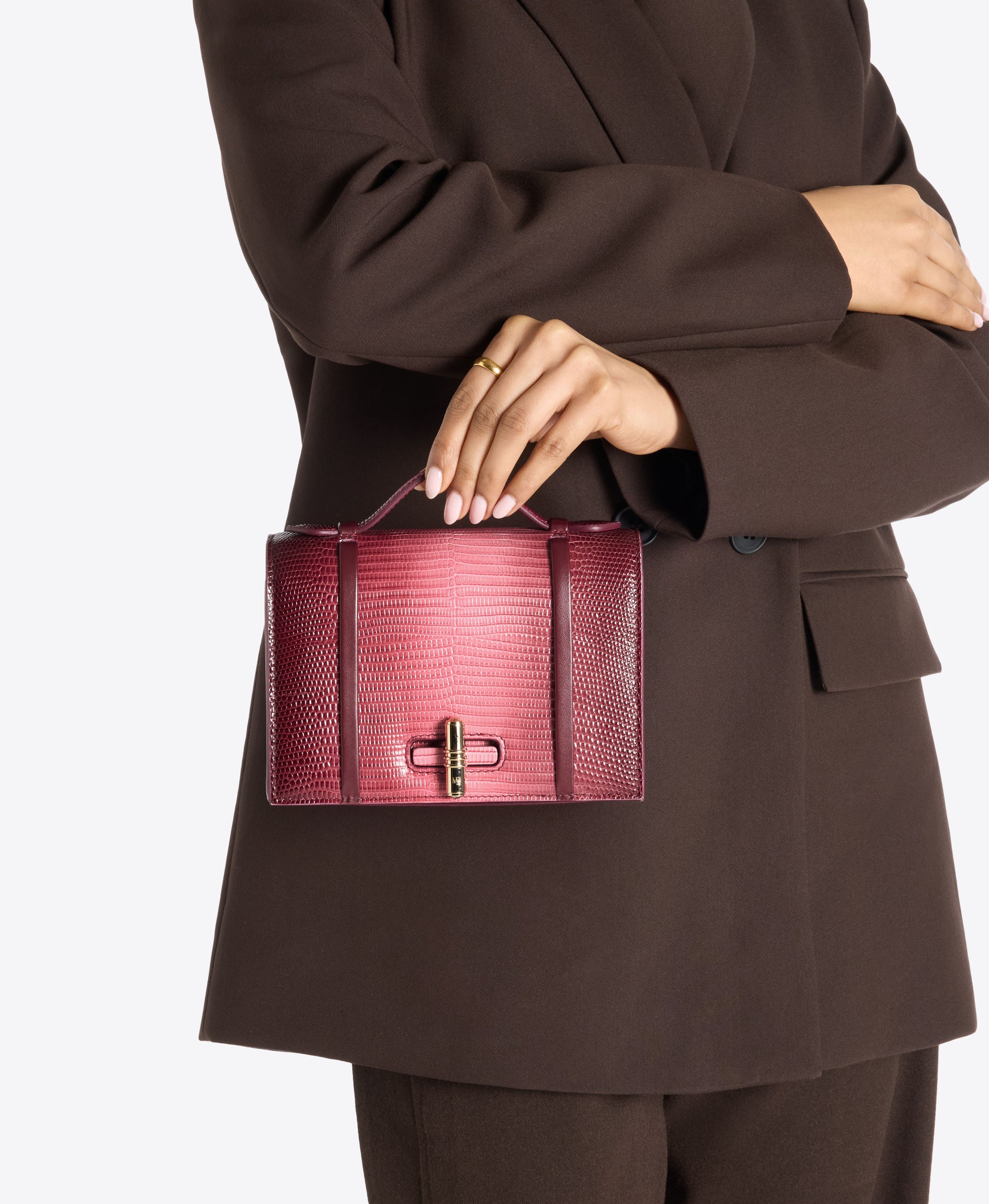 May Small Gradient Handbag in Rosewood Embossed Leather Malone Souliers