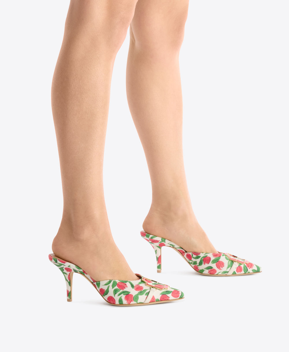 Missy 70 Red Tulip Print Canvas Heeled Mules Malone Souliers