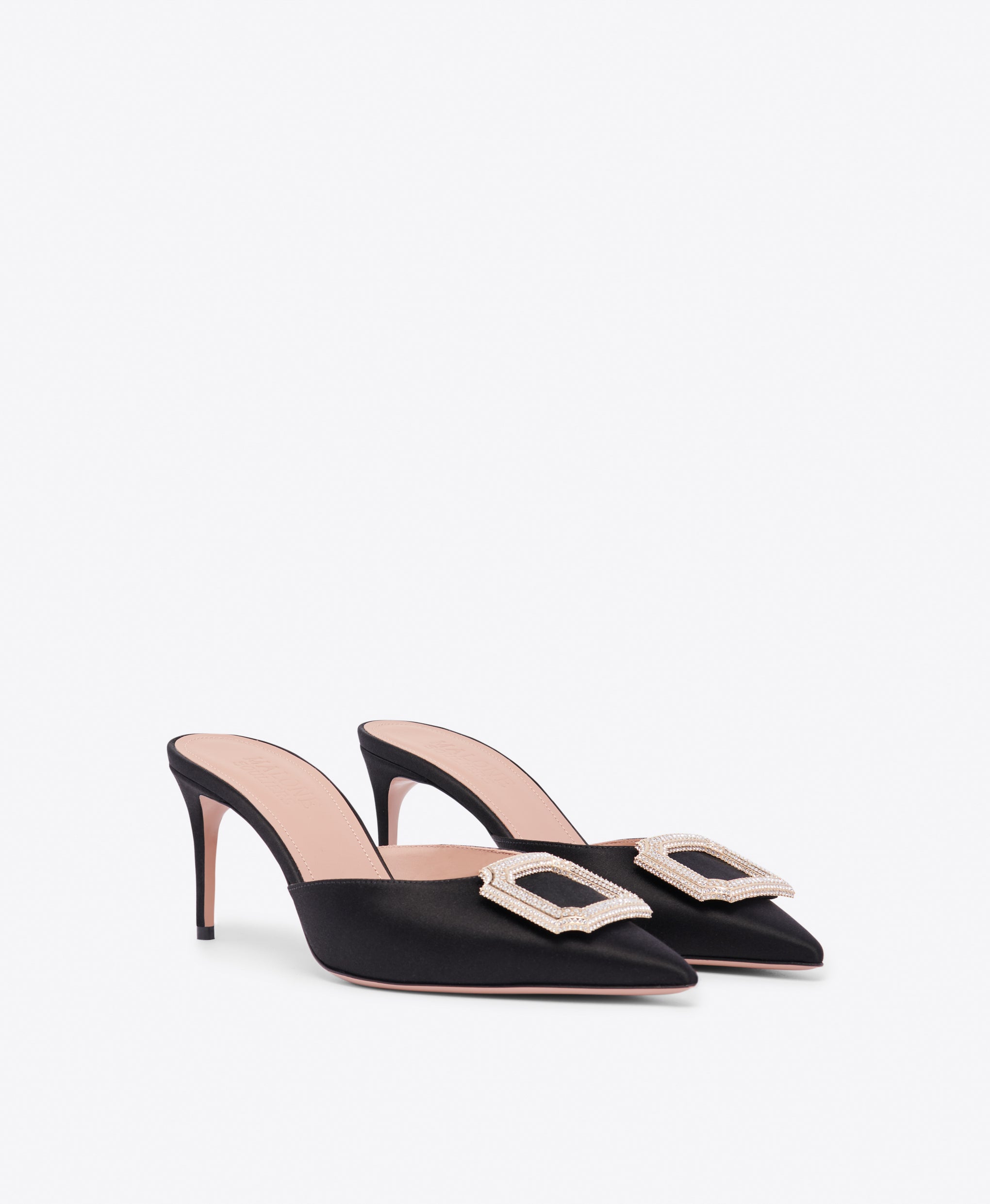 Mona 70 Black Satin Mules with Crest Buckle Malone Souliers