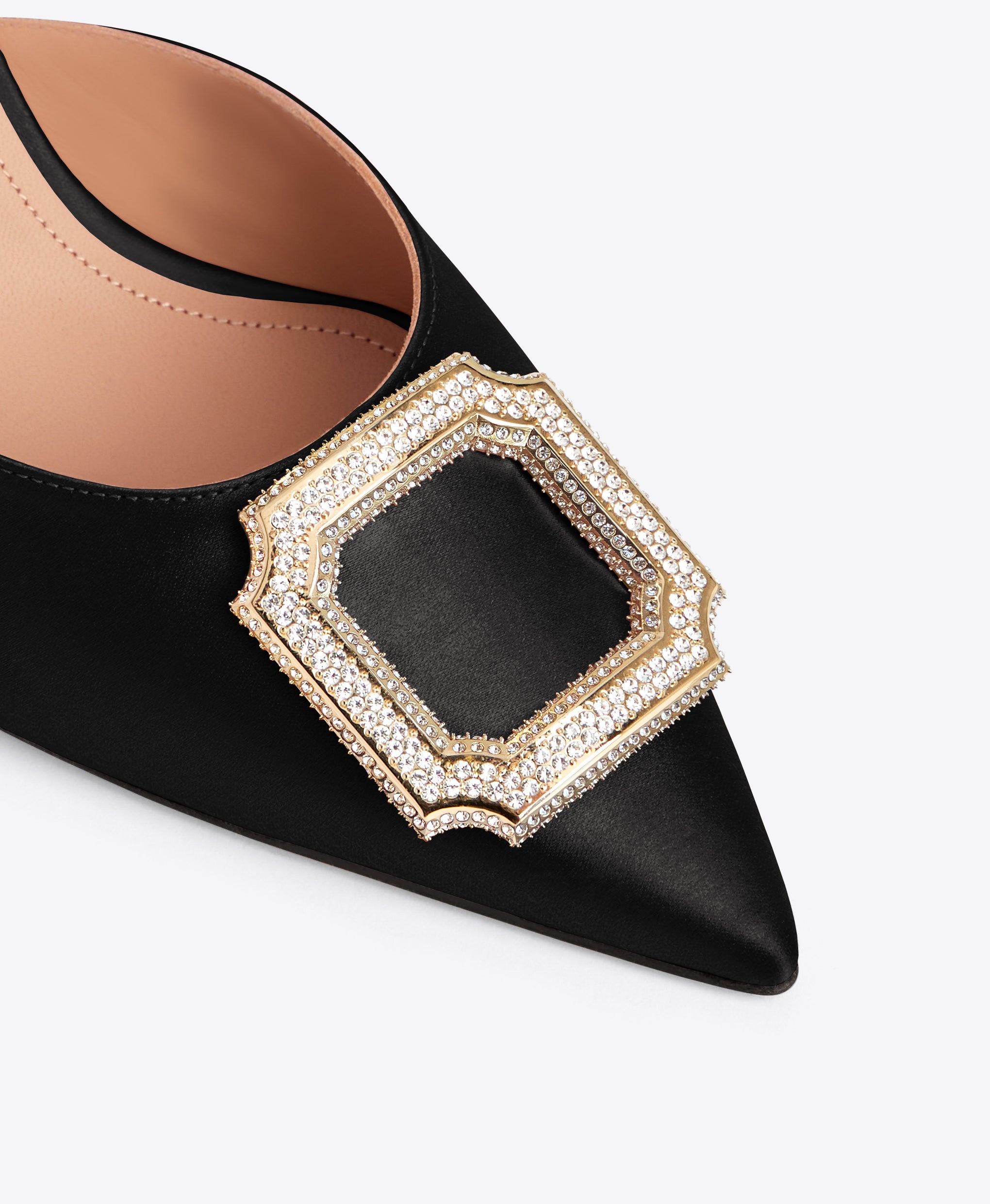 Mona 70 Black Satin Mules with Crest Buckle Malone Souliers