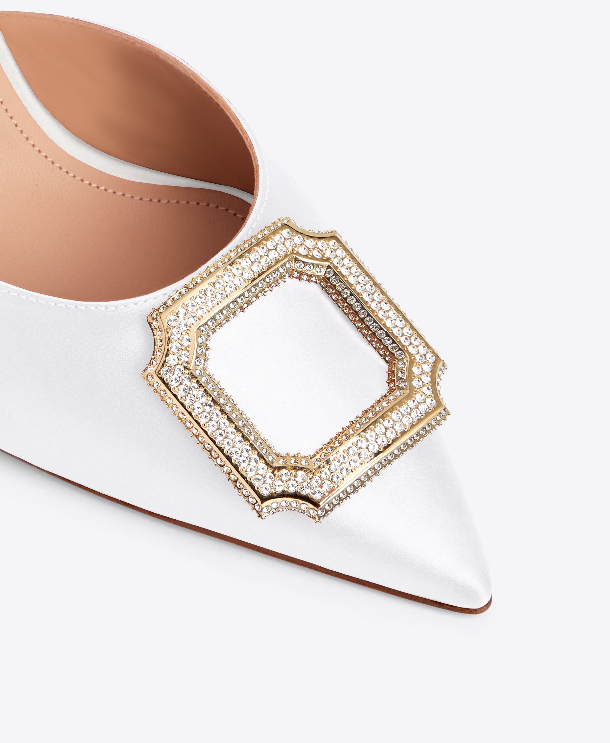 サンダル・ミュール MALONE SOULIERS MONA 70 MULES Mona 70 White Satin Mules with Crest Buckle | Malone Souliers