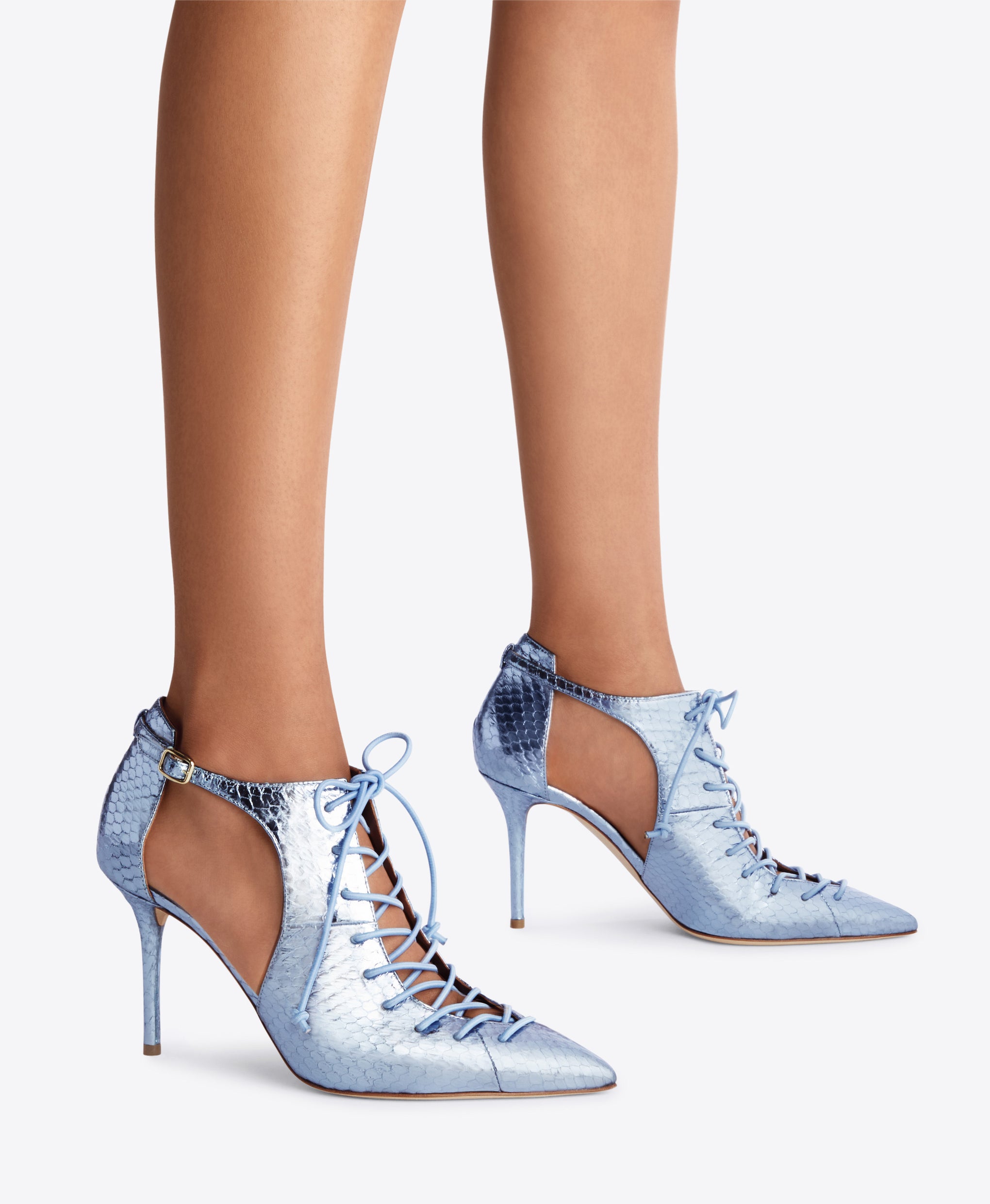 Steel Blue Metallic Lace-up Stiletto Pumps - Deep V-cut Pointed Toe | Malone Souliers