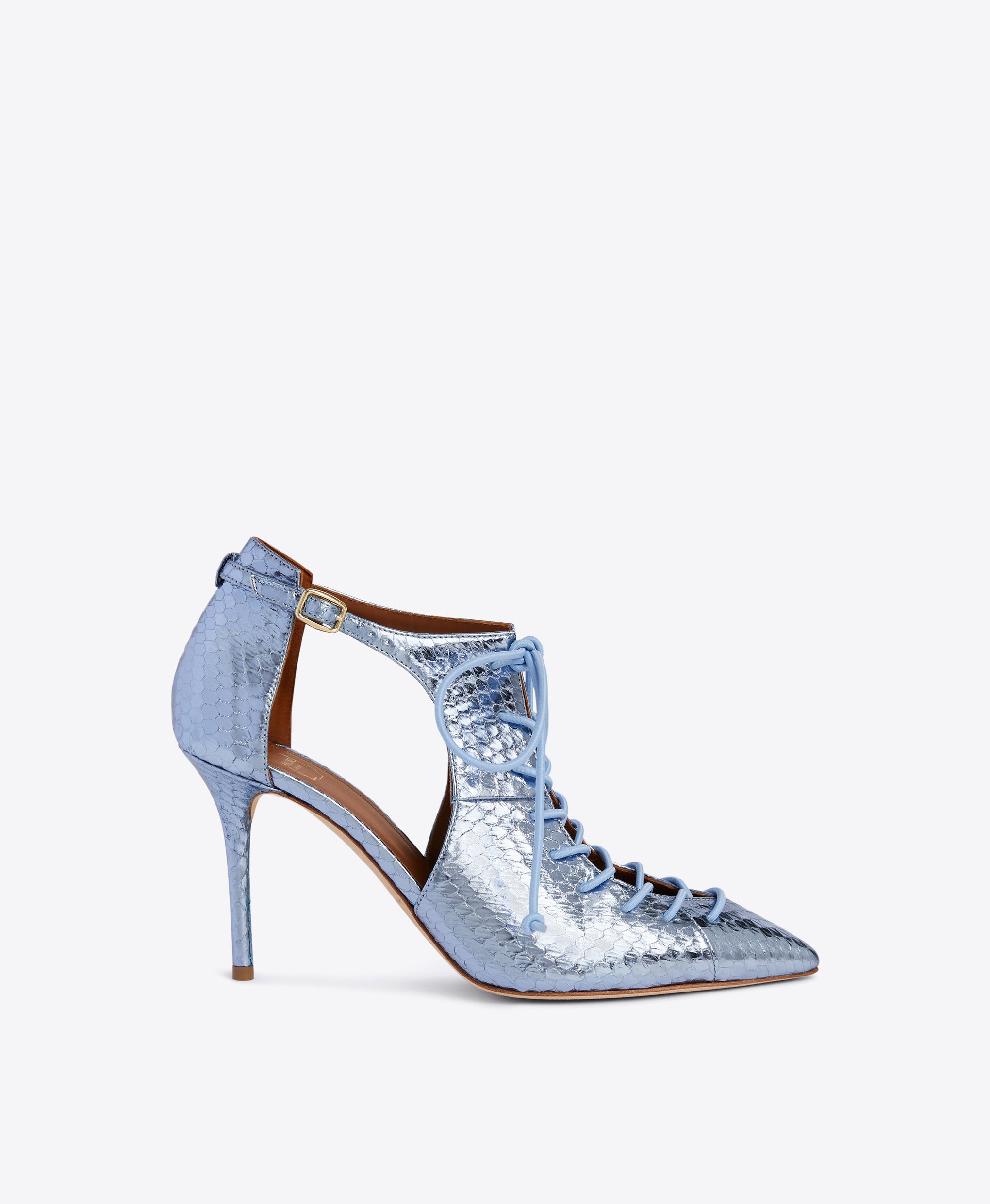 Steel Blue Metallic Lace-up Stiletto Pumps - Deep V-cut Pointed Toe | Malone Souliers