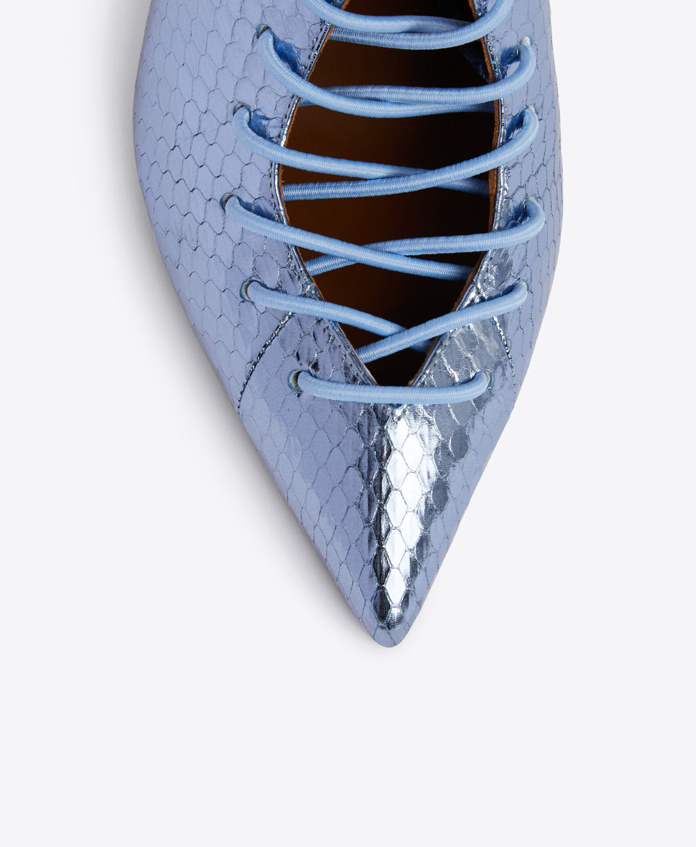 Steel Blue Metallic Lace-up Stiletto Pumps - Deep V-cut Pointed Toe | Malone Souliers