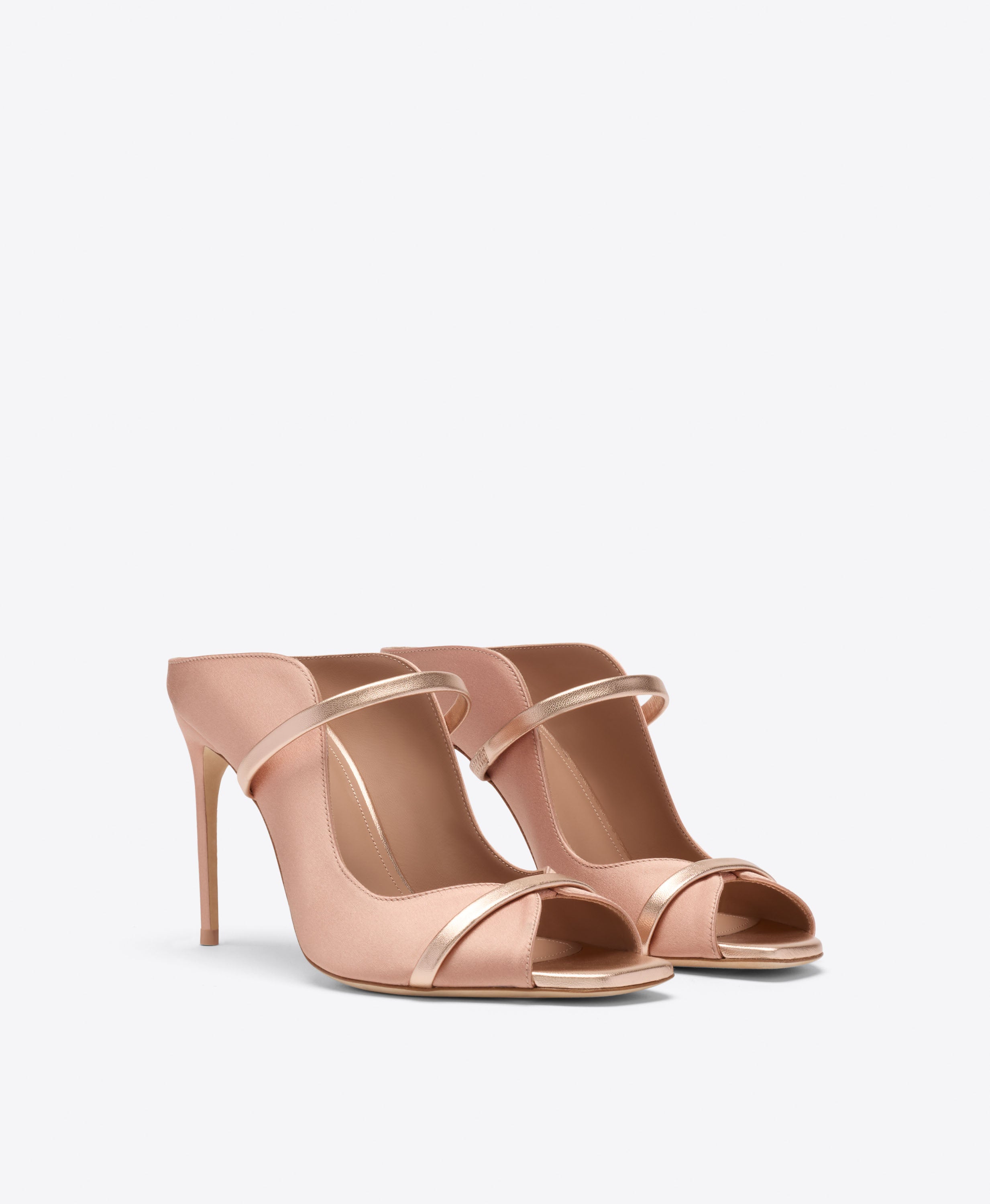 Maureen 100mm Blush Satin & Gold Leather Stiletto Mules | Malone