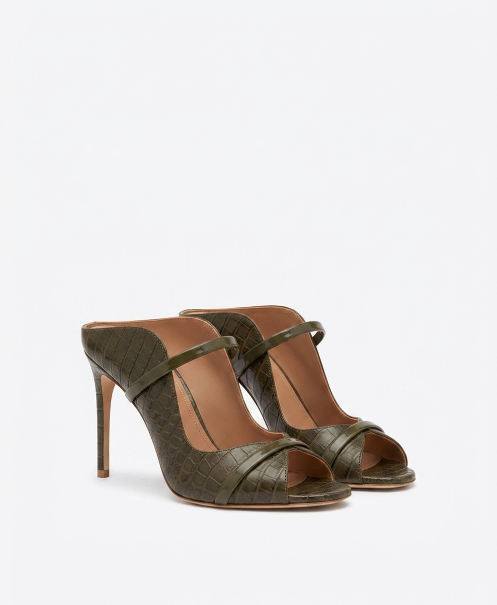 Noah 90 Dark Green Croc Embossed Leather Heeled Sandals Malone Souliers