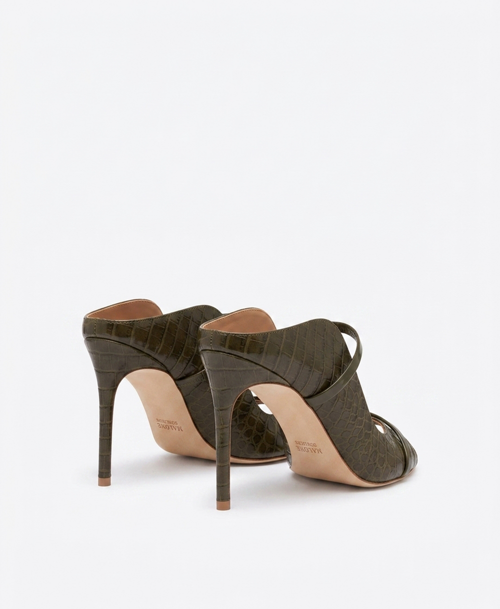 Noah 90 Dark Green Croc Embossed Leather Heeled Sandals Malone Souliers