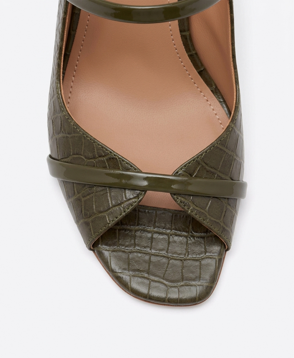 Noah 90 Dark Green Croc Embossed Leather Heeled Sandals Malone Souliers