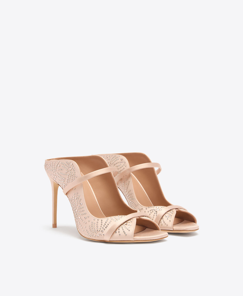 Noah 90 Champagne Pink Crystal Embellished Satin Heeled Sandals Malone Souliers