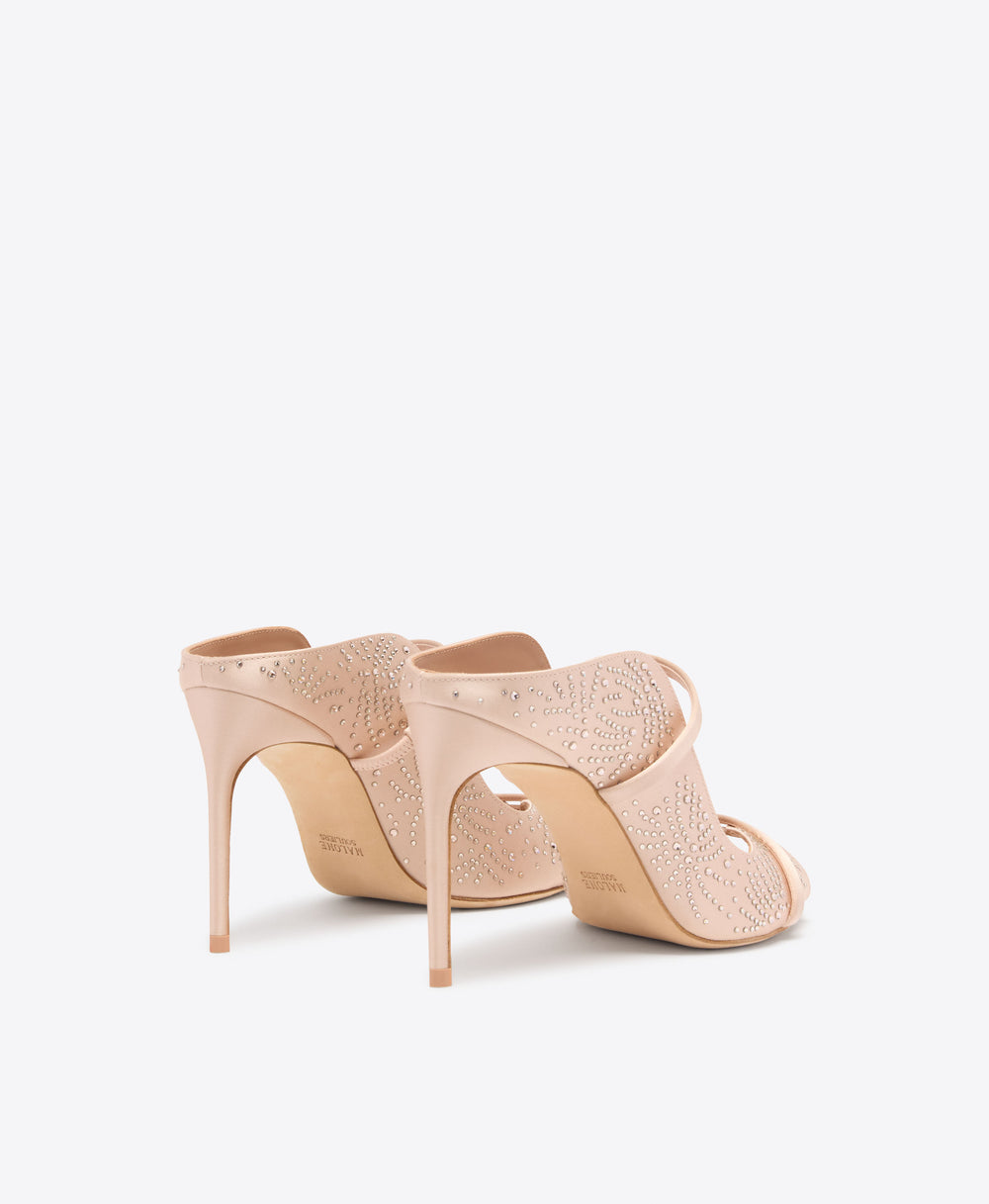 Noah 90 Champagne Pink Crystal Embellished Satin Heeled Sandals Malone Souliers