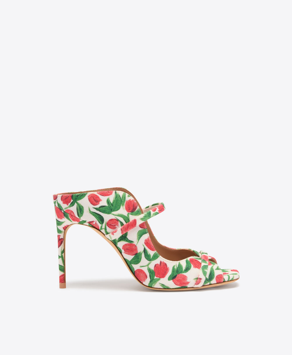 Noah 90 Red Tulip Print Canvas Heeled Sandals Malone Souliers