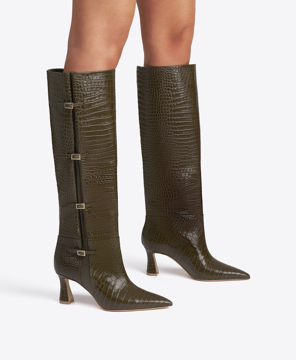Nolan 70 Green Croc-Embossed Leather Tall Boots with Block Heel Malone Souliers