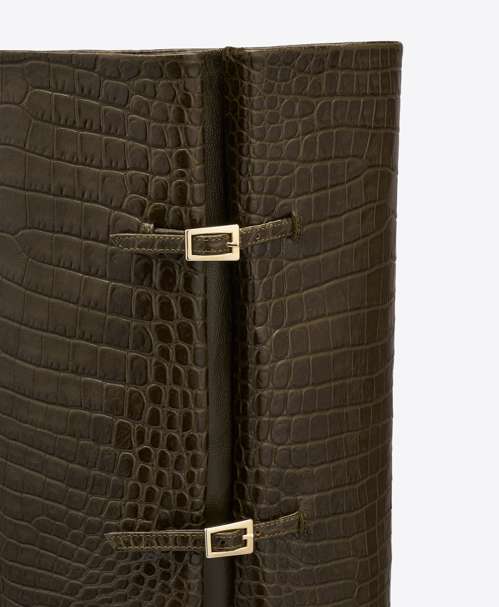 Nolan 70 Green Croc-Embossed Leather Tall Boots with Block Heel Malone Souliers