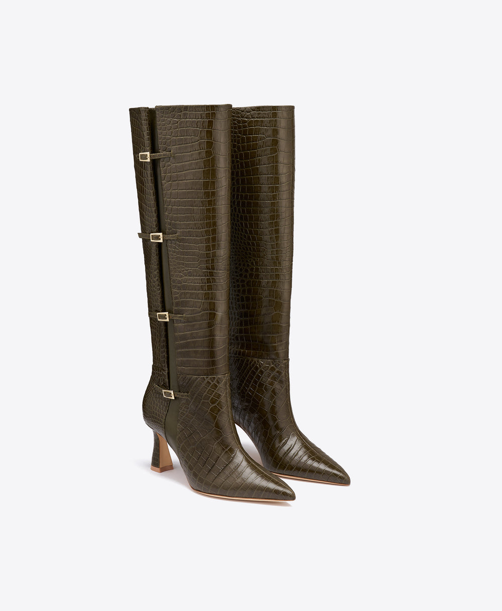 Nolan 70 Green Croc-Embossed Leather Tall Boots with Block Heel Malone Souliers