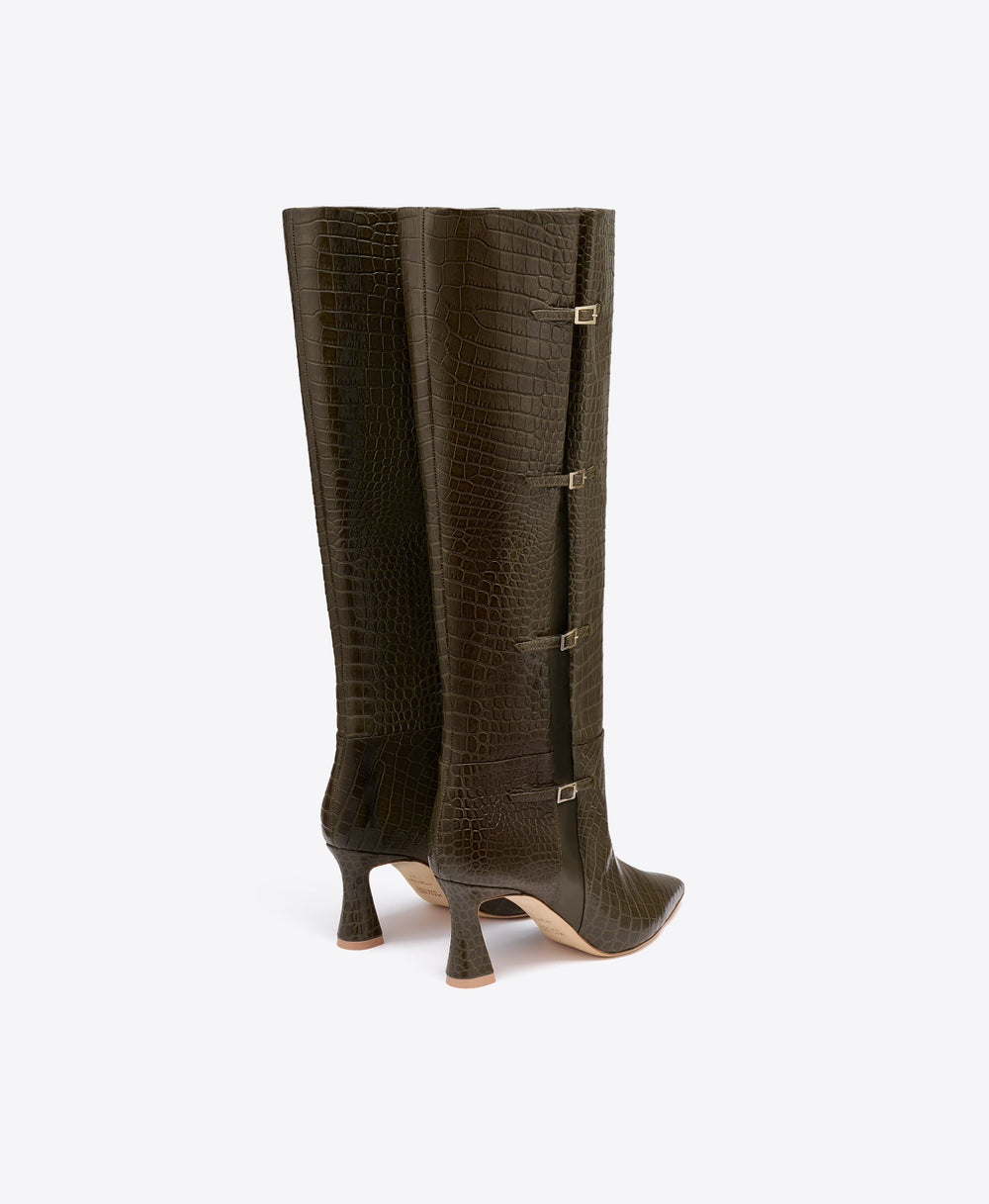 Nolan 70 Green Croc-Embossed Leather Tall Boots with Block Heel Malone Souliers